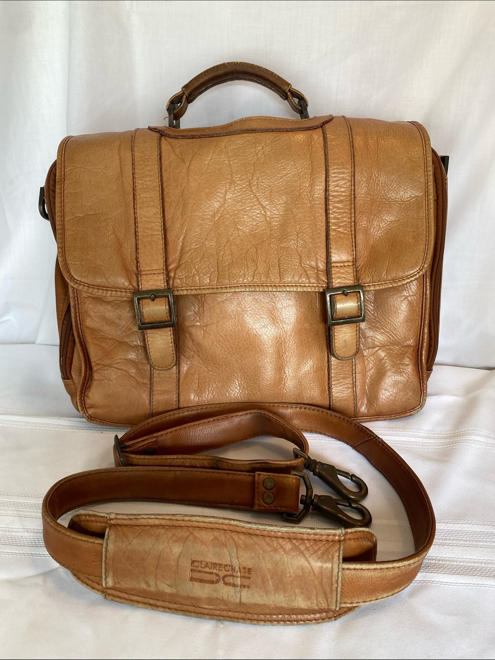 Vintage Claire Chase Tan Distressed Leather Messenger Briefcase Bag for Men